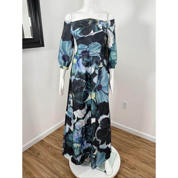 Kay Unger Womens Alison Floral Off-the-Shoulder Gown Flint Light Teal Size 6 - Picture 5 of 12